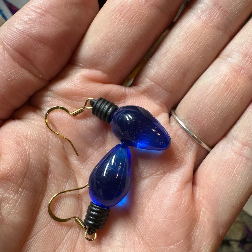 Adorable Blue Christmas Light Bulb Earrings with gold plated ear wires